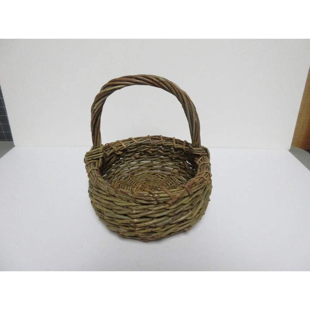 Vintage Wicker Wooden Stick Handled Basket Brown 8